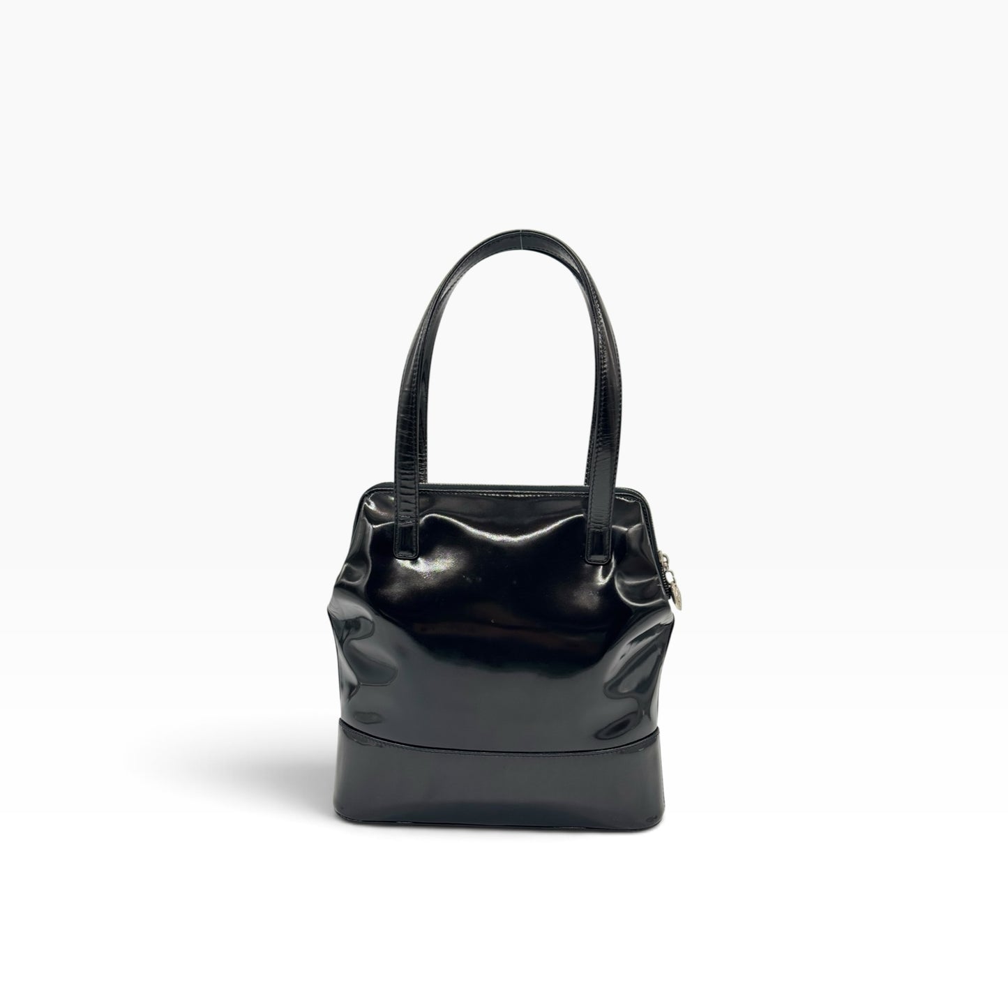Borsa a mano Borse Vintage Gianni Versace in pelle verniciata nera con logo e ciondolo Medusa, design strutturato.