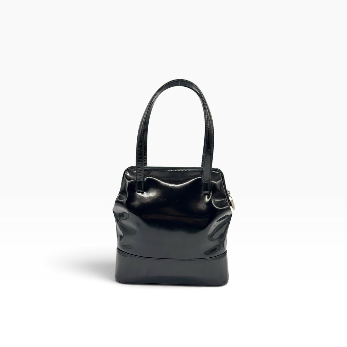 Borsa a mano Borse Vintage Gianni Versace in pelle verniciata nera con logo e ciondolo Medusa, design strutturato.