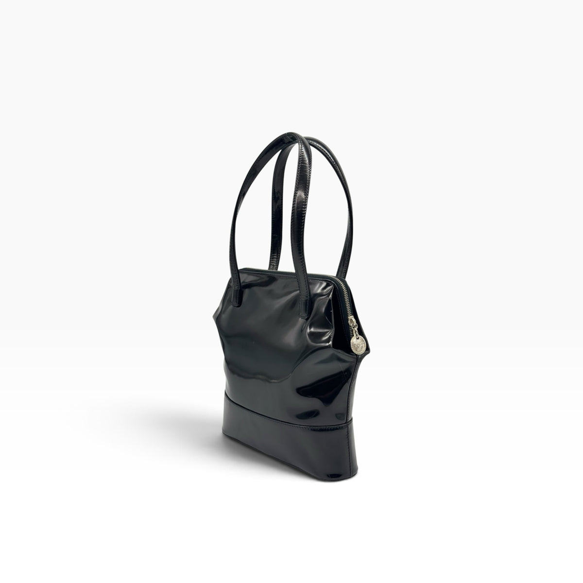 Borsa a mano Borse Vintage Gianni Versace in pelle verniciata nera con ciondolo Medusa e doppi manici