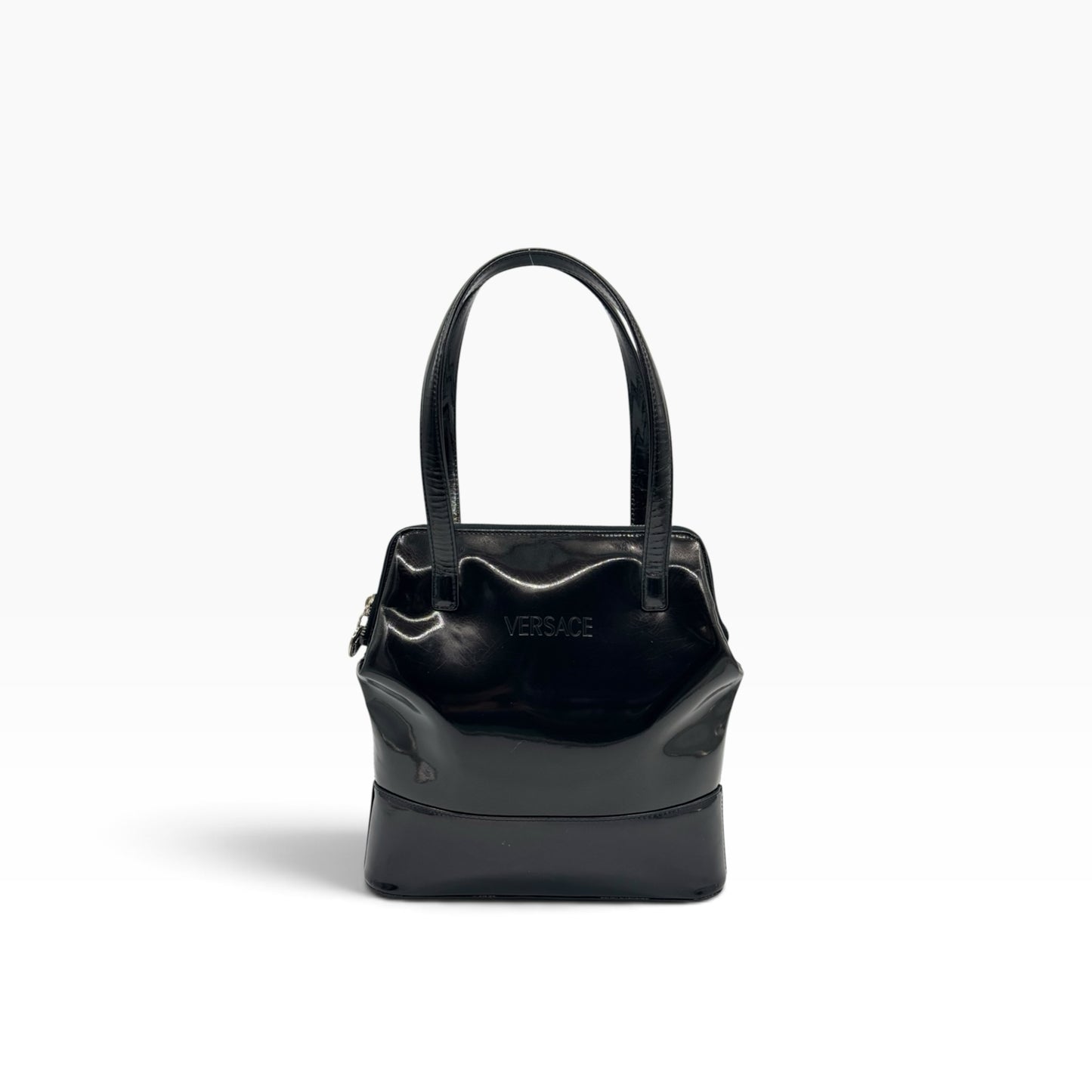 Borsa a mano Borse Vintage Gianni Versace in pelle verniciata nera con logo impresso e doppi manici strutturati