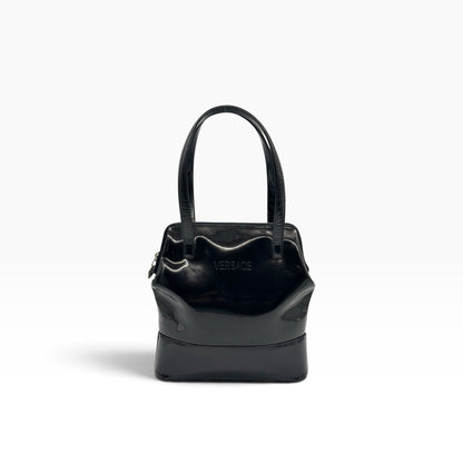 Borsa a mano Borse Vintage Gianni Versace in pelle verniciata nera con logo impresso e doppi manici strutturati