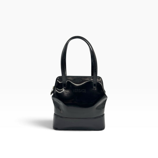 Borsa a mano Borse Vintage Gianni Versace in pelle verniciata nera con logo impresso e doppi manici strutturati