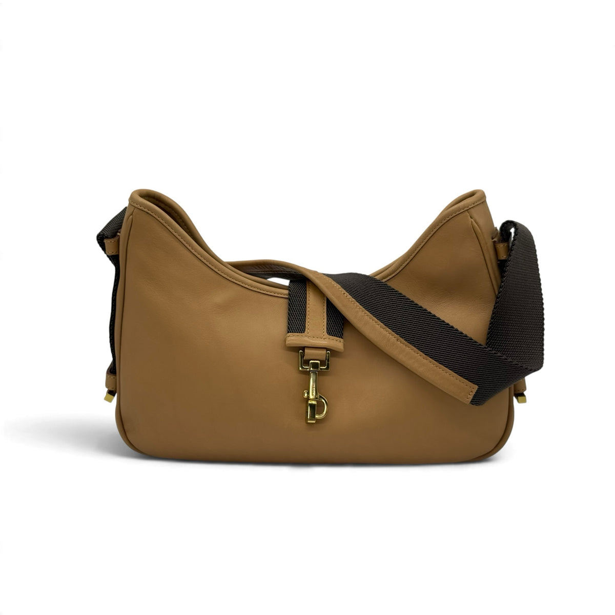 Borsa a spalla Borse Vintage in pelle color cuoio con chiusura a gancio dorata e tracolla in tessuto a contrasto