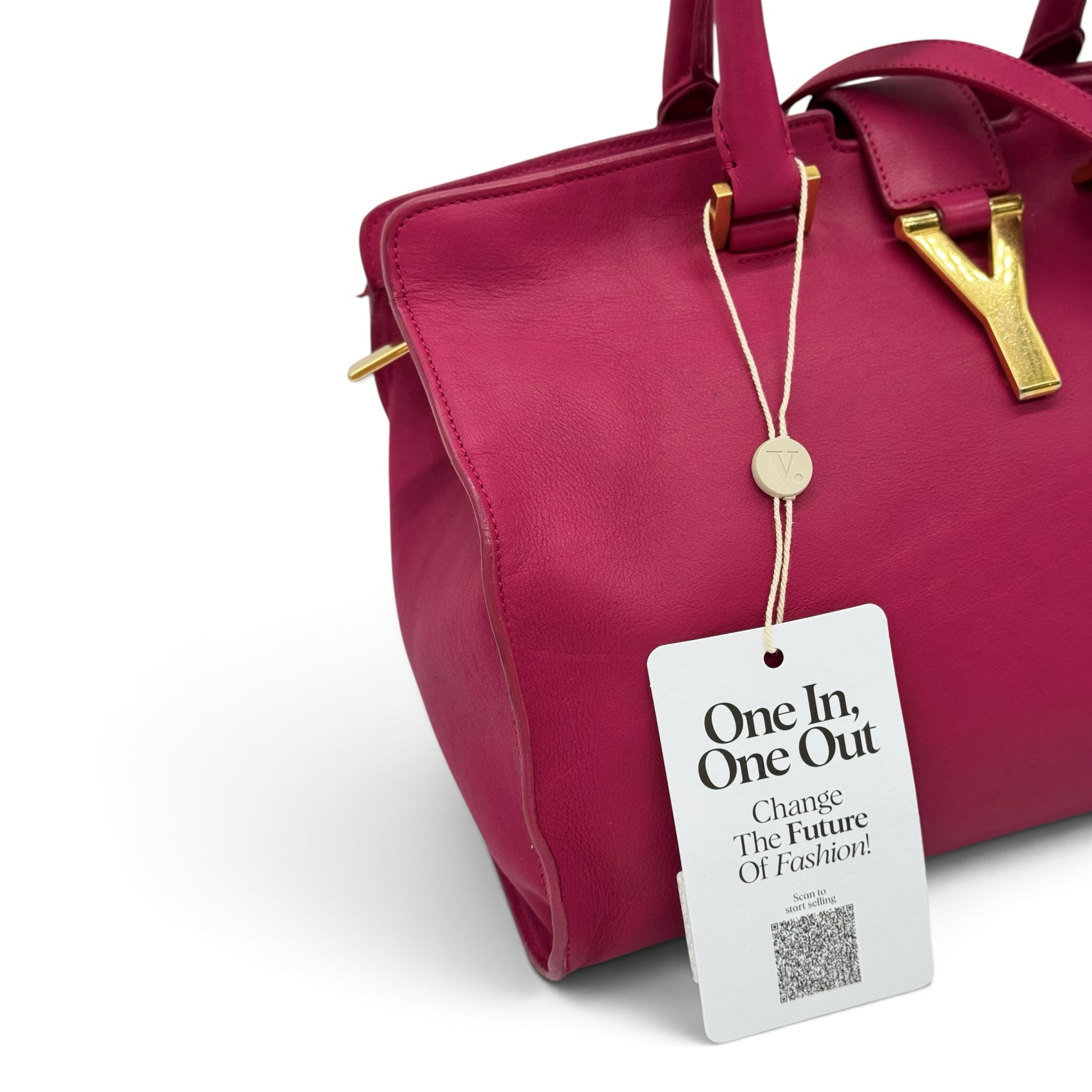 Borsa a mano Borse Vintage Saint Laurent in pelle fucsia con logo Y dorato e cartellino informativo