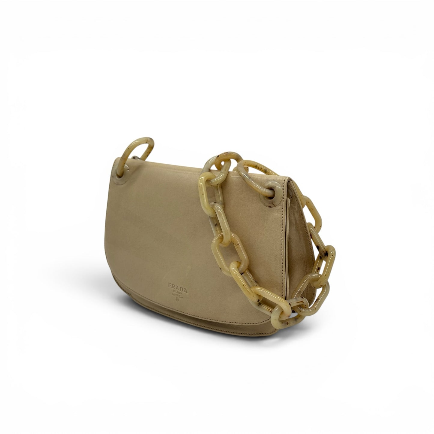 Borsa a spalla Borse Vintage Prada in pelle beige con tracolla a catena in resina effetto tartarugato