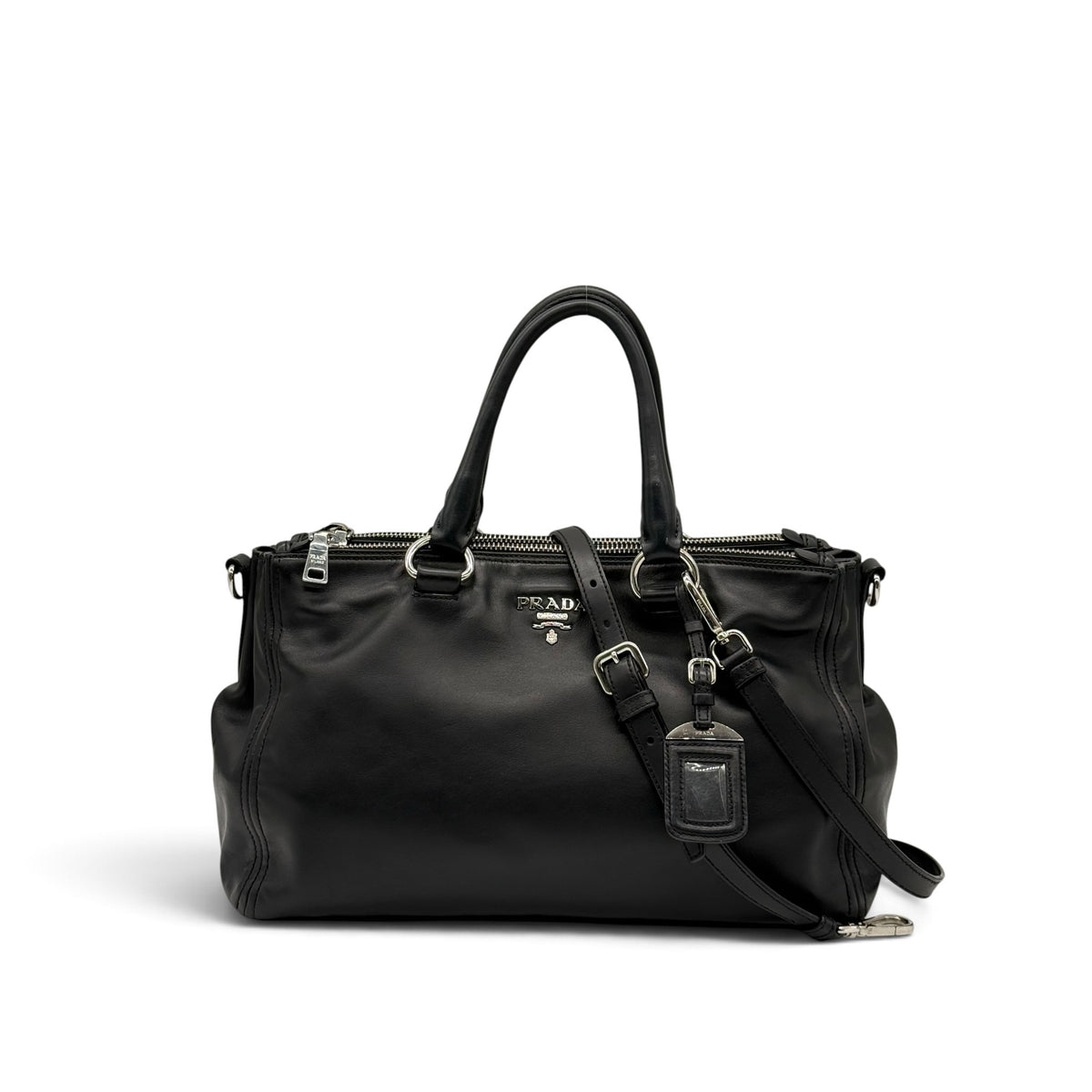 Borsa a mano Borse Vintage PRADA in pelle nera con tracolla regolabile, dettagli in metallo argentato e logo frontale