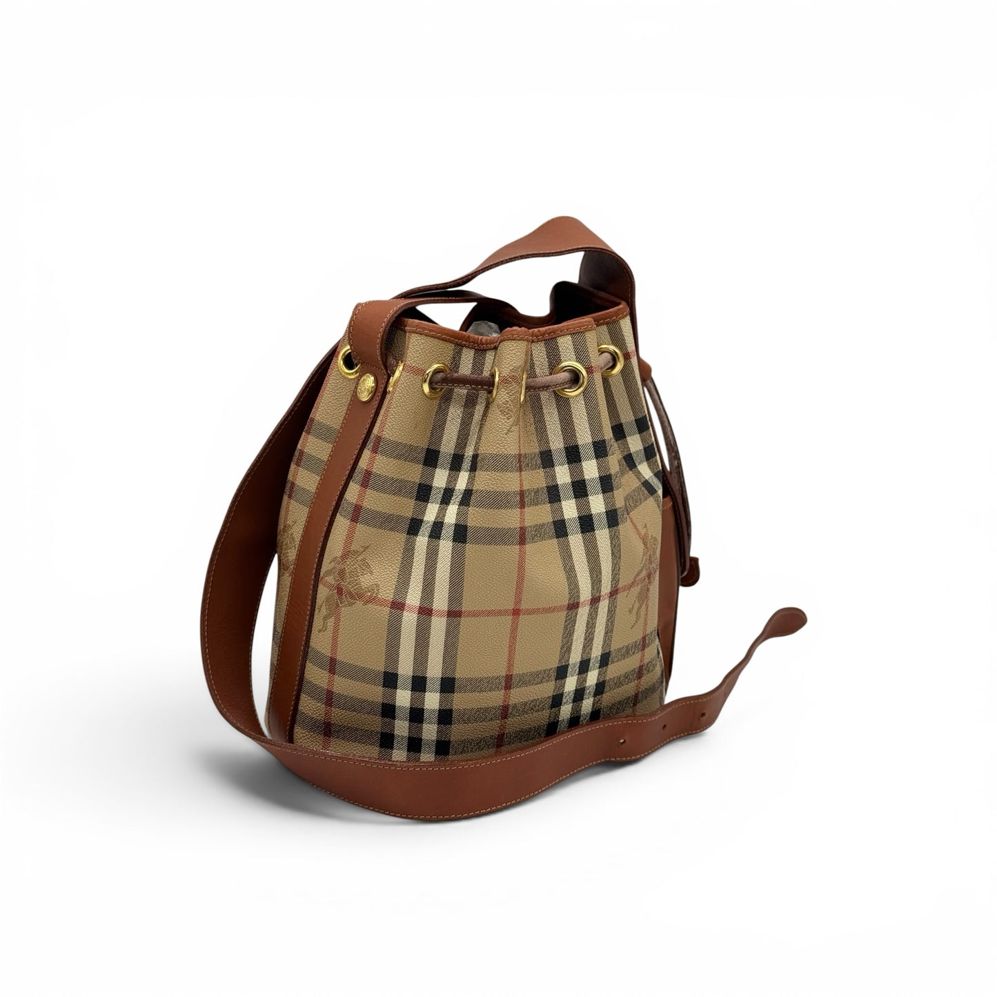 Borsa a secchiello Borse Vintage Burberrys in tela check beige e pelle marrone con chiusura a coulisse e dettagli dorati