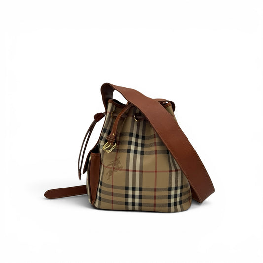 Borsa a secchiello Borse Vintage Burberrys in tessuto check beige con finiture in pelle marrone e chiusura a coulisse