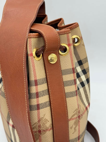 Borsa a secchiello Borse Vintage Burberrys in tela check beige e pelle marrone con dettagli metallici dorati