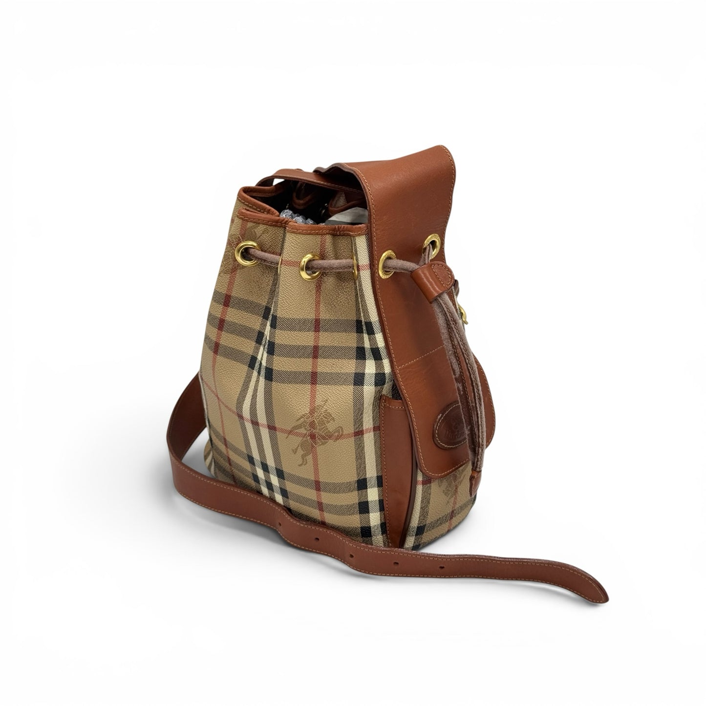 Borsa a secchiello Borse Vintage Burberrys in tela check beige con finiture in pelle marrone e dettagli dorati