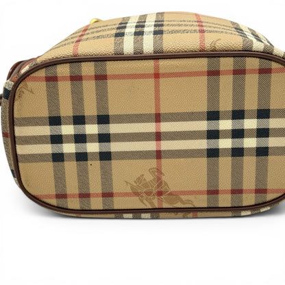 Base della borsa a secchiello Borse Vintage Burberrys con iconico motivo check beige e dettagli in pelle marrone