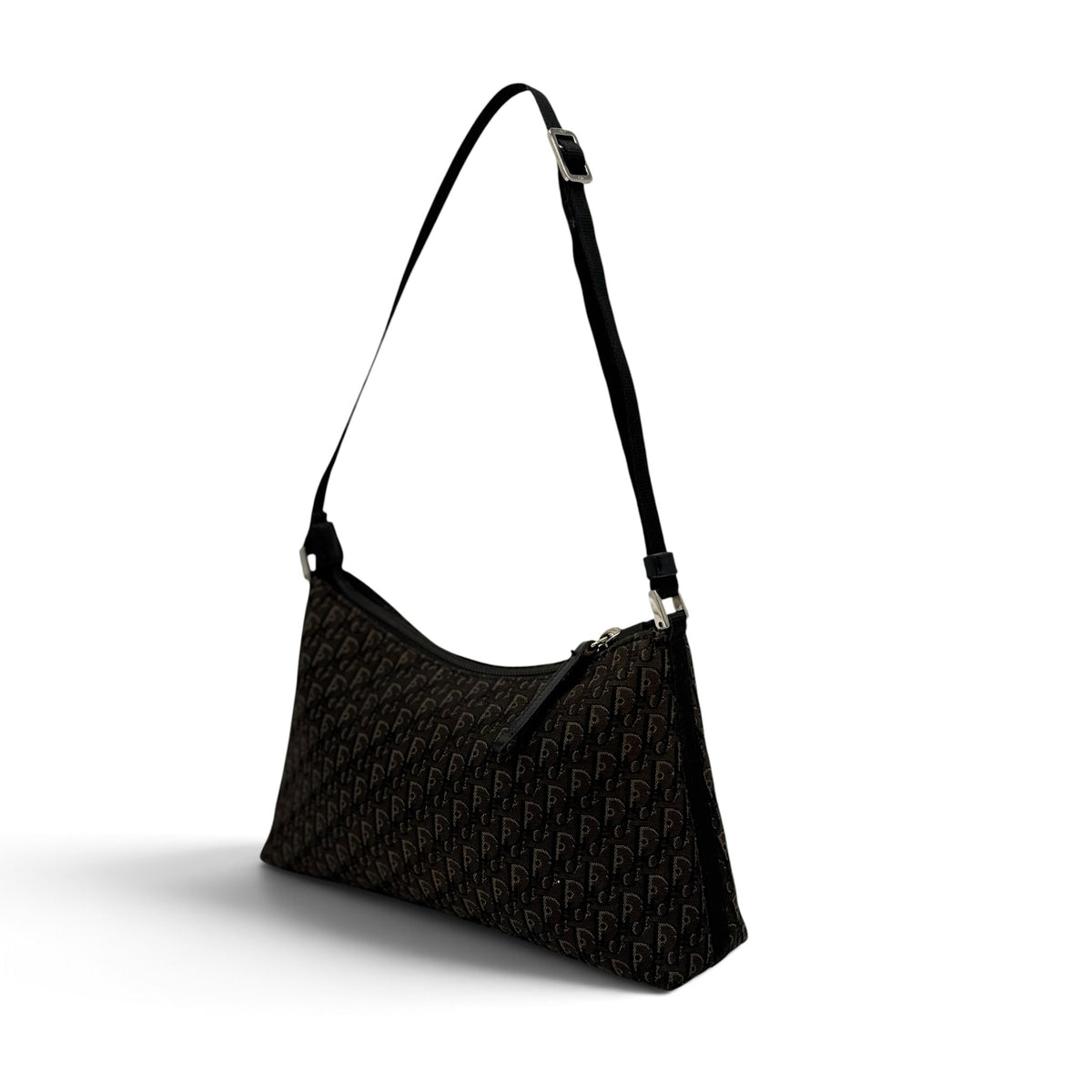 Borsa a spalla Borse Vintage Christian Dior marrone con motivo monogramma, tracolla regolabile e chiusura con zip.