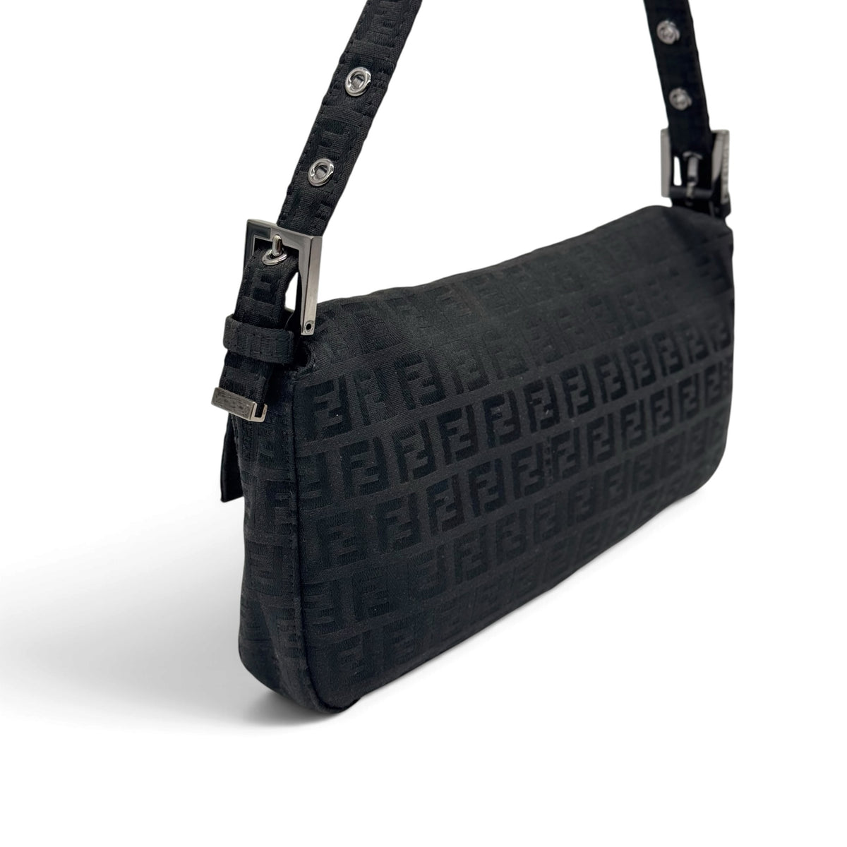 Borsa a spalla Borse Vintage FENDI Baguette nera in tessuto tecnico con motivo monogramma e dettagli in metallo