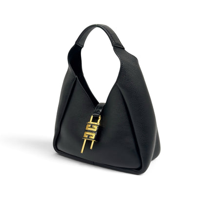 Borsa a spalla Borse Vintage Givenchy Mara in pelle nera granulata con iconico lucchetto dorato e manico strutturato
