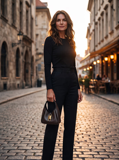 Donna in total black con borsa a spalla Borse Vintage Givenchy Mara in pelle nera con lucchetto dorato in città