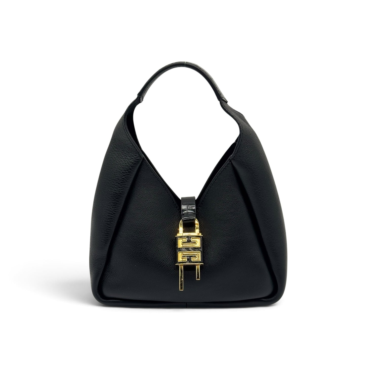 Borsa a spalla Borse Vintage Givenchy Mara in pelle nera granulata con lucchetto dorato e inserto effetto coccodrillo