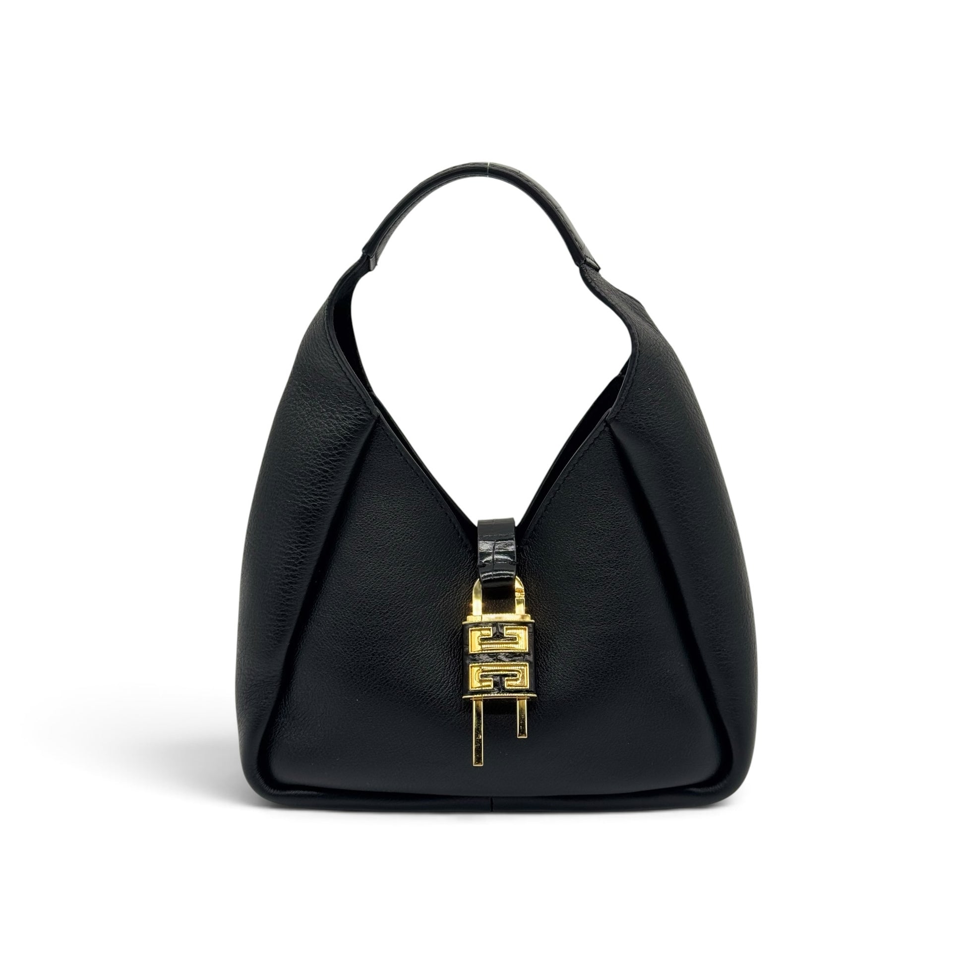 Borsa a spalla Borse Vintage Givenchy Mara in pelle nera granulata con lucchetto dorato e inserto effetto coccodrillo