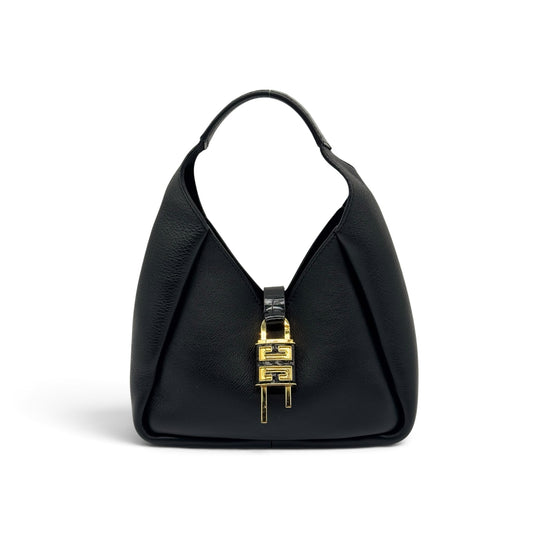 Borsa a spalla Borse Vintage Givenchy Mara in pelle nera granulata con lucchetto dorato e inserto effetto coccodrillo