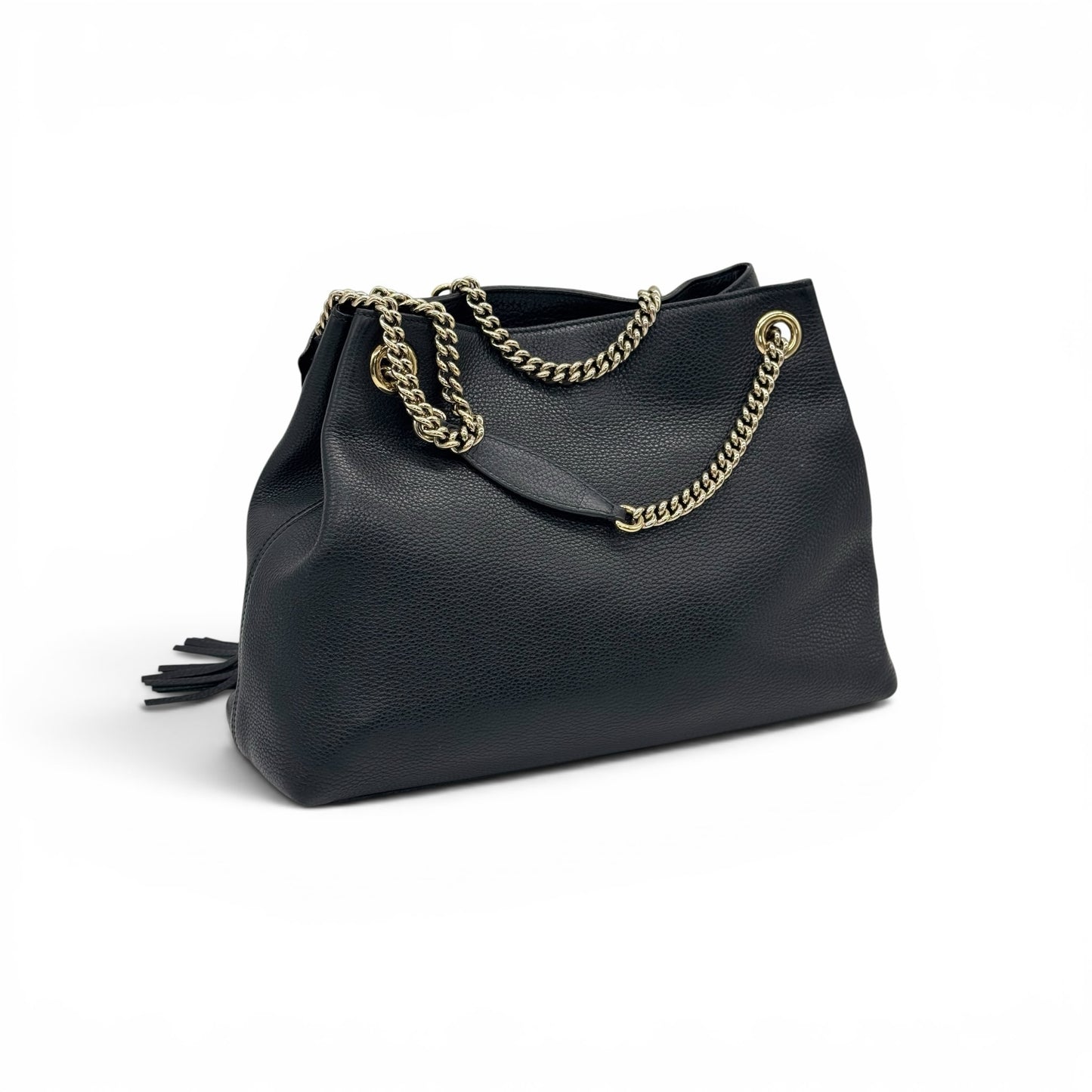 Borsa a spalla Borse Vintage Gucci in pelle nera martellata con tracolla a catena dorata e nappa decorativa laterale