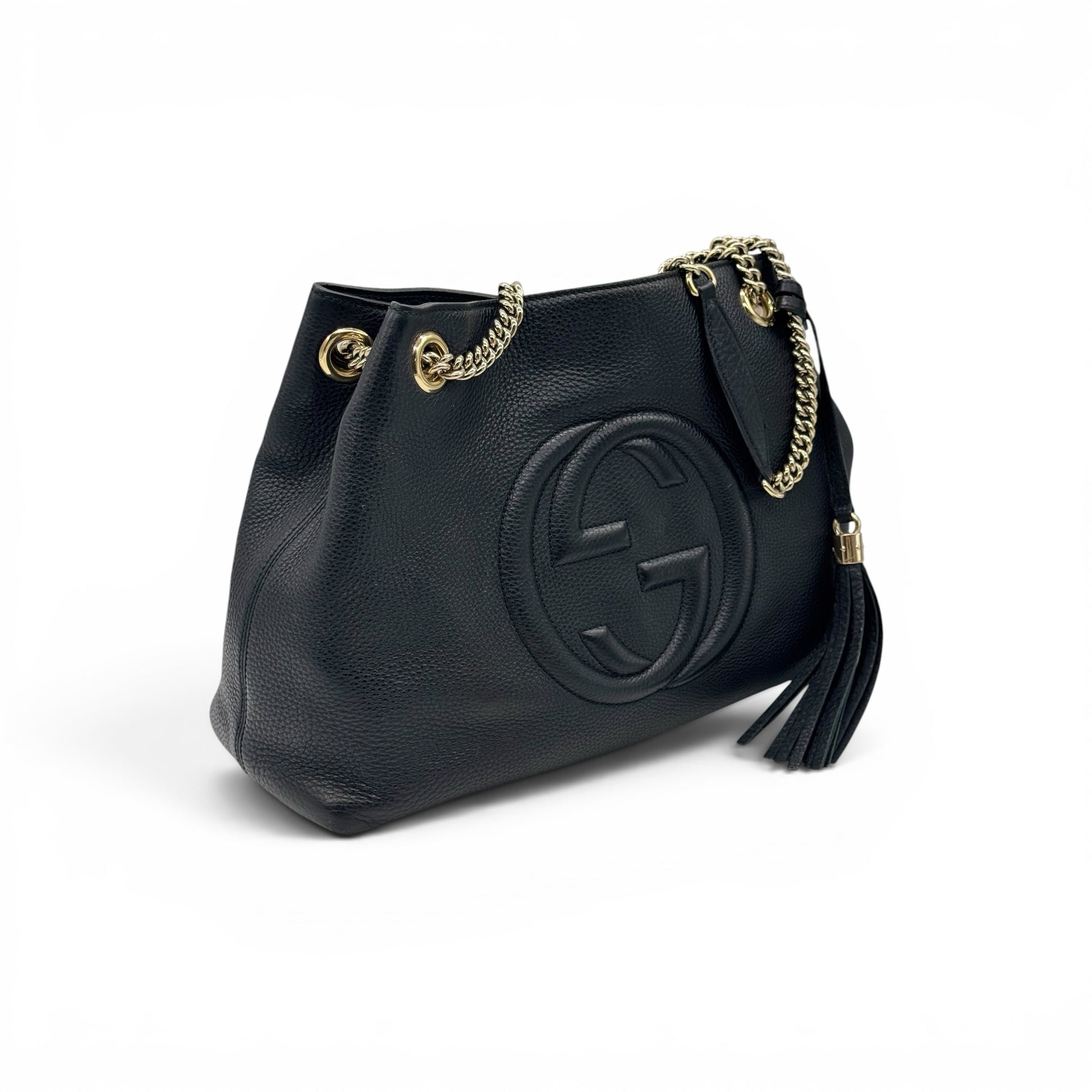 Borsa a spalla Borse Vintage Gucci in pelle nera martellata con logo impresso, nappa decorativa e tracolla a catena oro