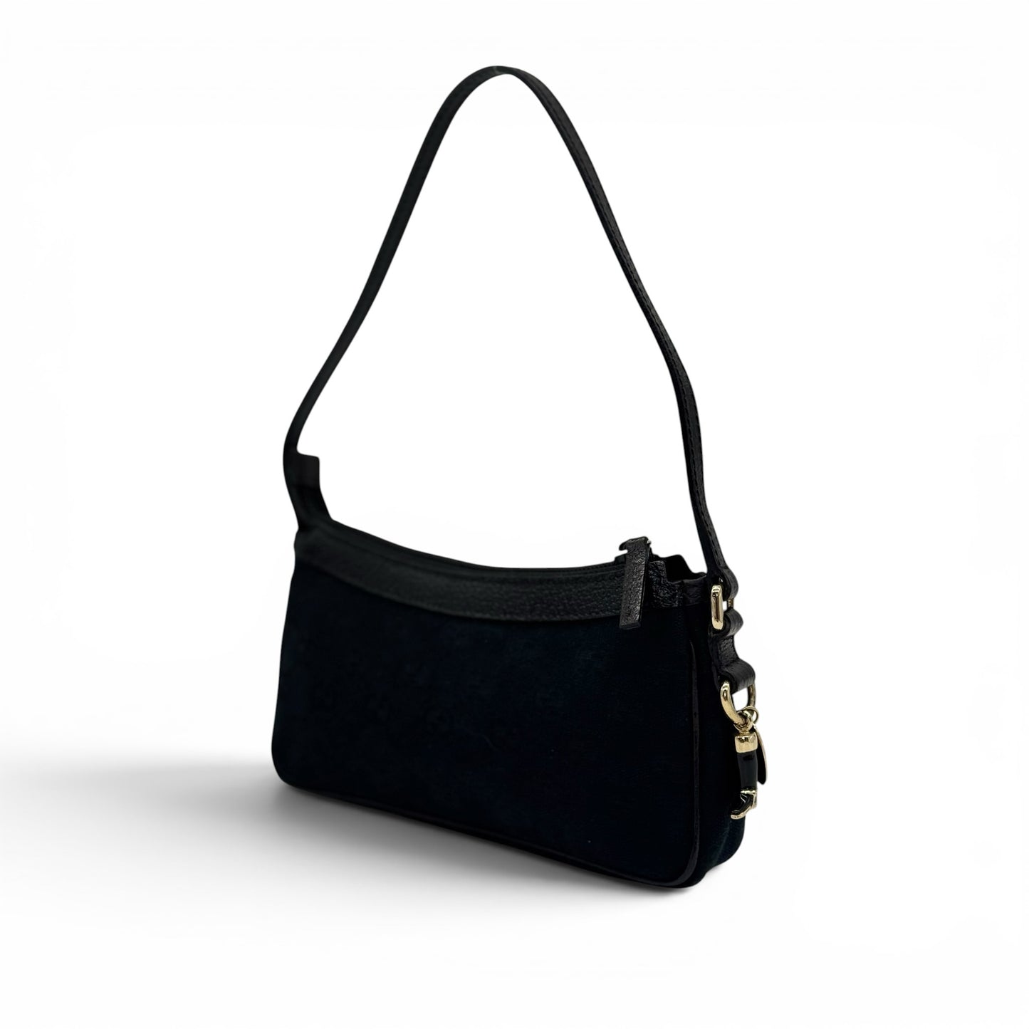 Borsa a spalla Borse Vintage Gucci in tessuto nero con monogramma, dettagli in pelle e ciondolo dorato.
