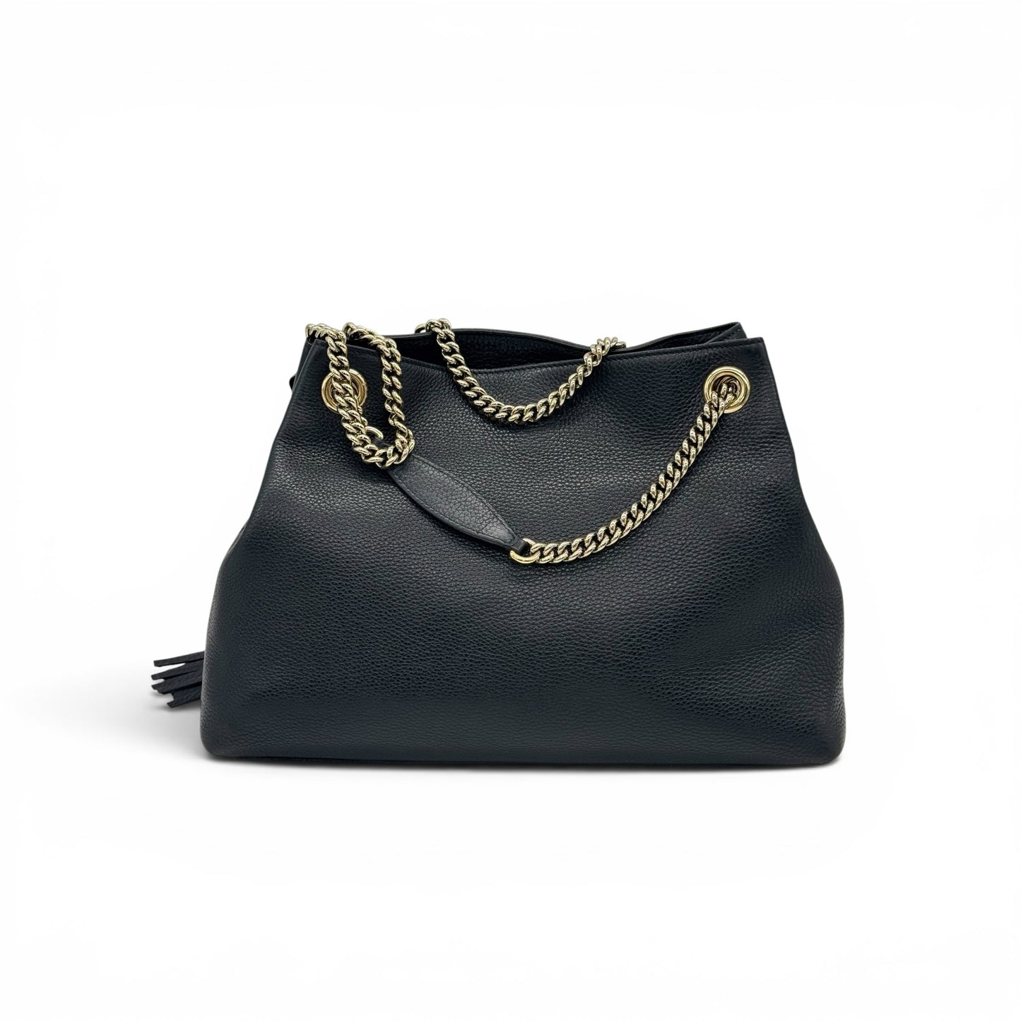 Borsa a spalla Borse Vintage Gucci in pelle nera martellata con tracolla a catena dorata e nappa decorativa