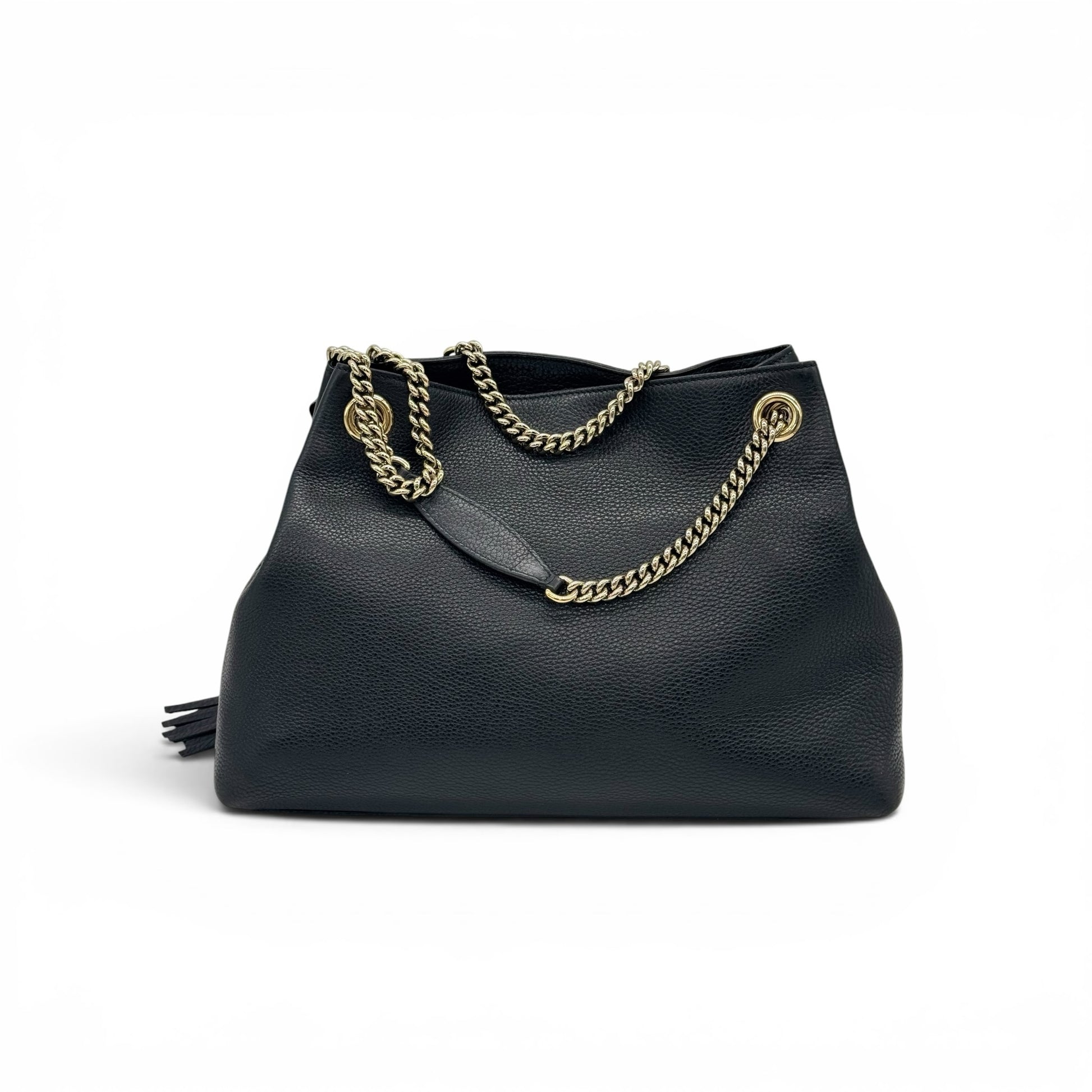 Borsa a spalla Borse Vintage Gucci in pelle nera martellata con tracolla a catena dorata e nappa decorativa