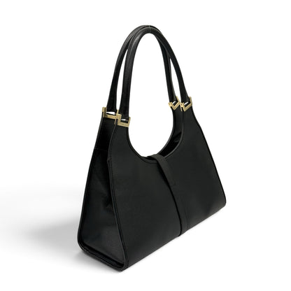 Borsa a spalla Borse Vintage Gucci in pelle nera con dettagli in metallo dorato e silhouette strutturata