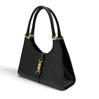 Borsa a spalla Borse Vintage Gucci in pelle nera con chiusura e dettagli in metallo dorato, design strutturato.
