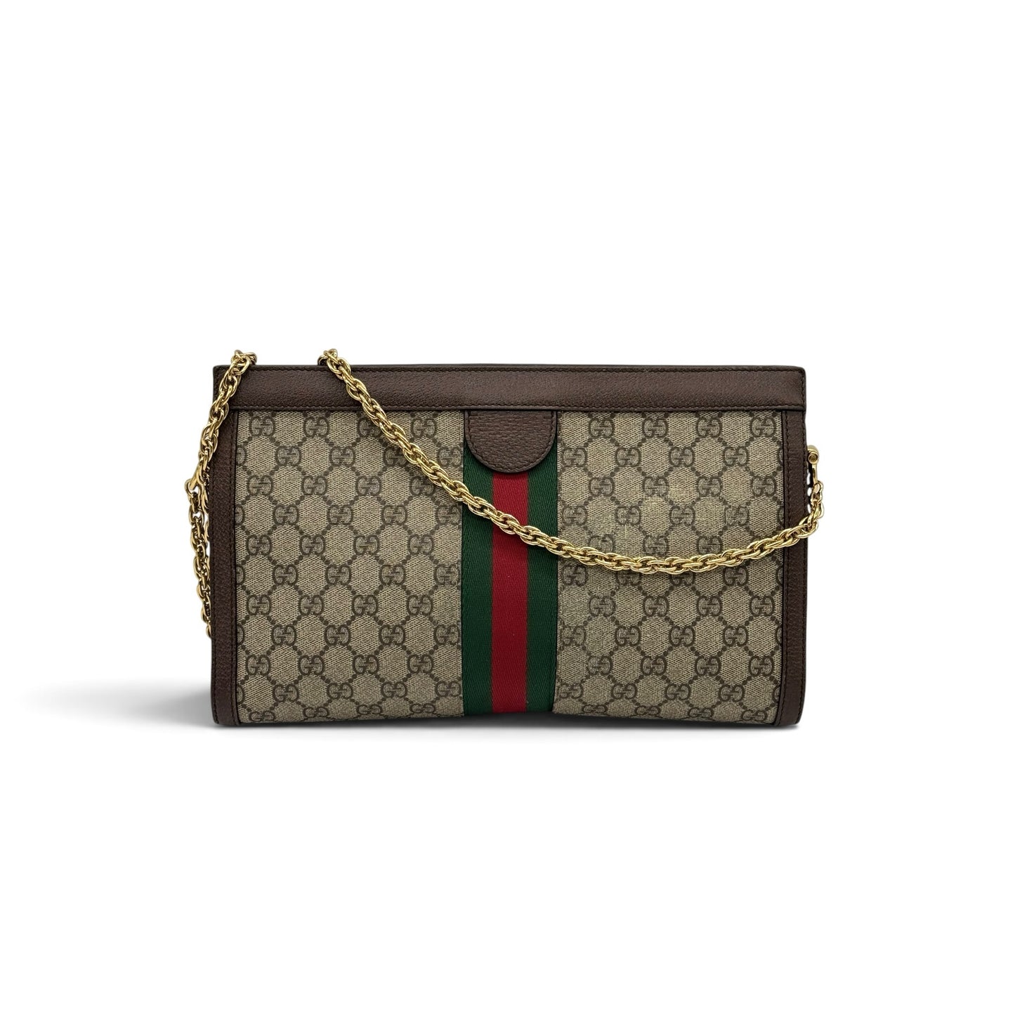 Borsa a spalla Borse Vintage Gucci Ophidia in tela GG Supreme con nastro Web, finiture in pelle e tracolla a catena