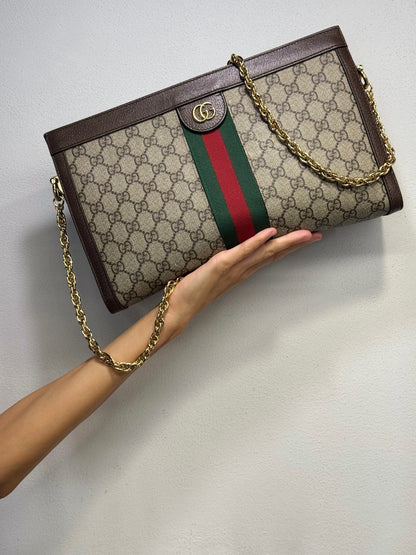 Borsa a spalla Borse Vintage Gucci Ophidia in tela GG Supreme con nastro Web, finiture in pelle e tracolla a catena
