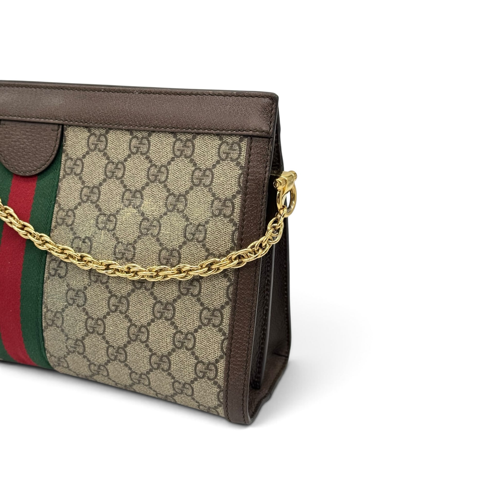 Borsa a spalla Borse Vintage Gucci Ophidia in tela GG Supreme con nastro Web, finiture in pelle e tracolla a catena
