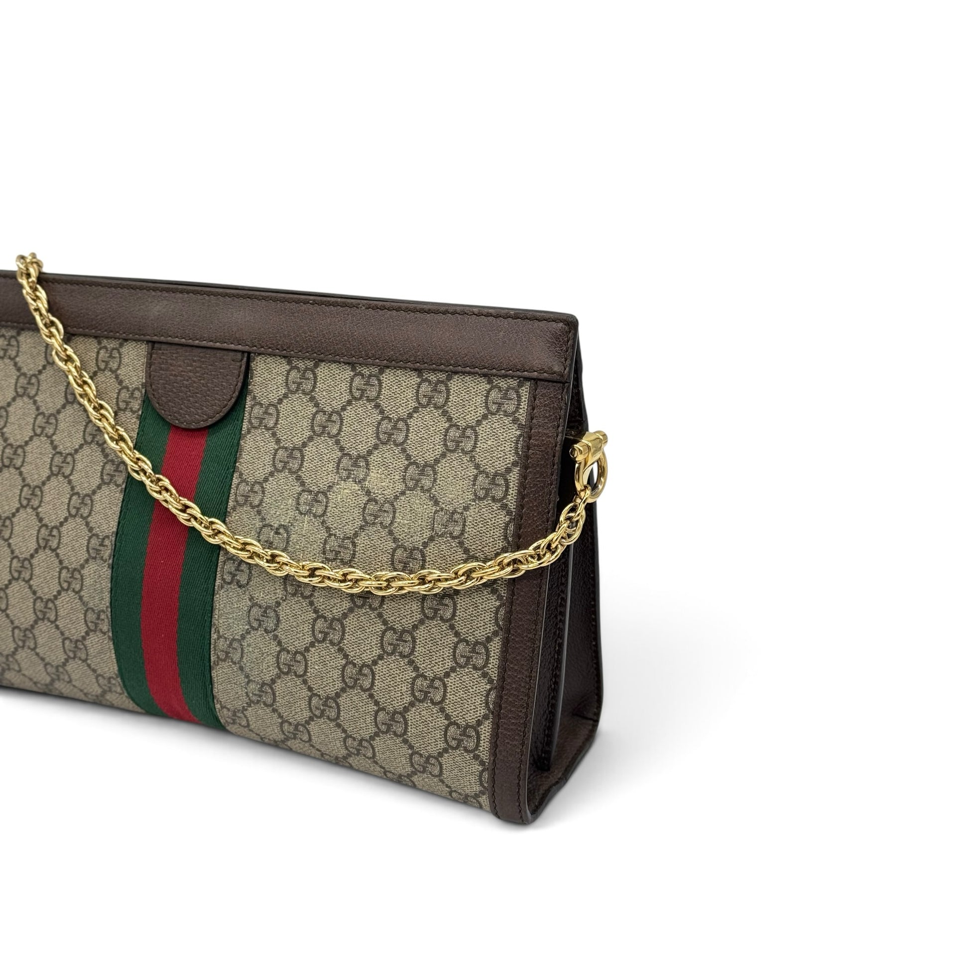 Borsa a spalla Borse Vintage Gucci Ophidia in tela GG Supreme con nastro Web, finiture in pelle e tracolla a catena