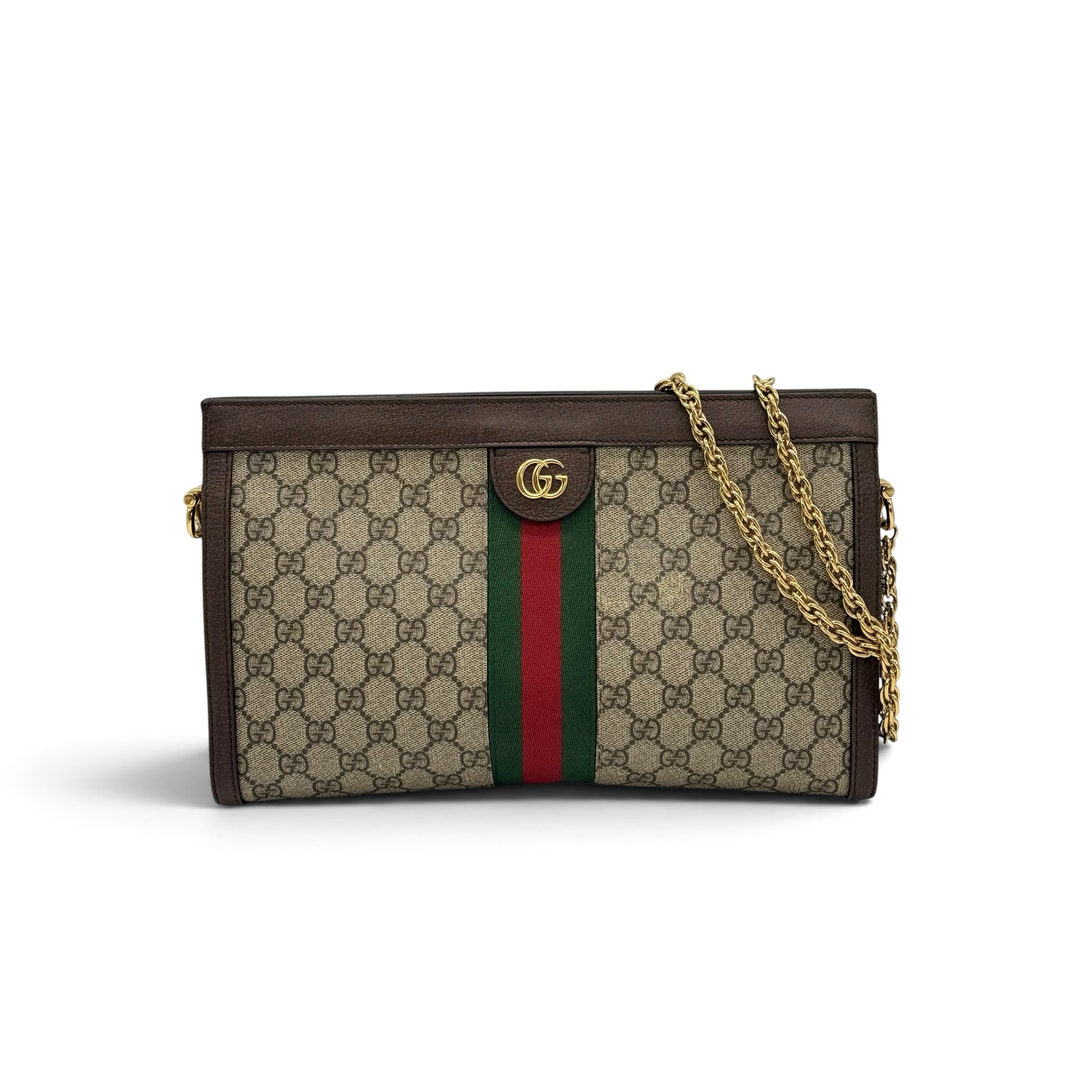 Borsa a spalla Borse Vintage Gucci Ophidia in tela GG Supreme con nastro Web, finiture in pelle e tracolla a catena