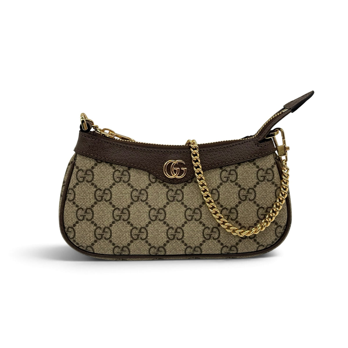 Borsa a spalla Borse Vintage Gucci Ophidia in tela GG Supreme con finiture in pelle marrone e tracolla a catena oro