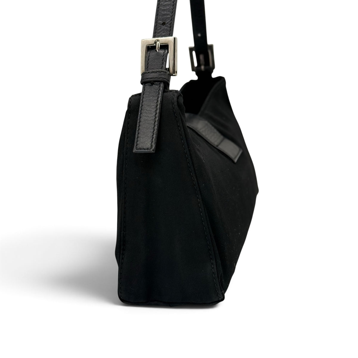 Borsa a spalla Borse Vintage in tessuto nero con dettagli in pelle e fibbia metallica regolabile, vista laterale