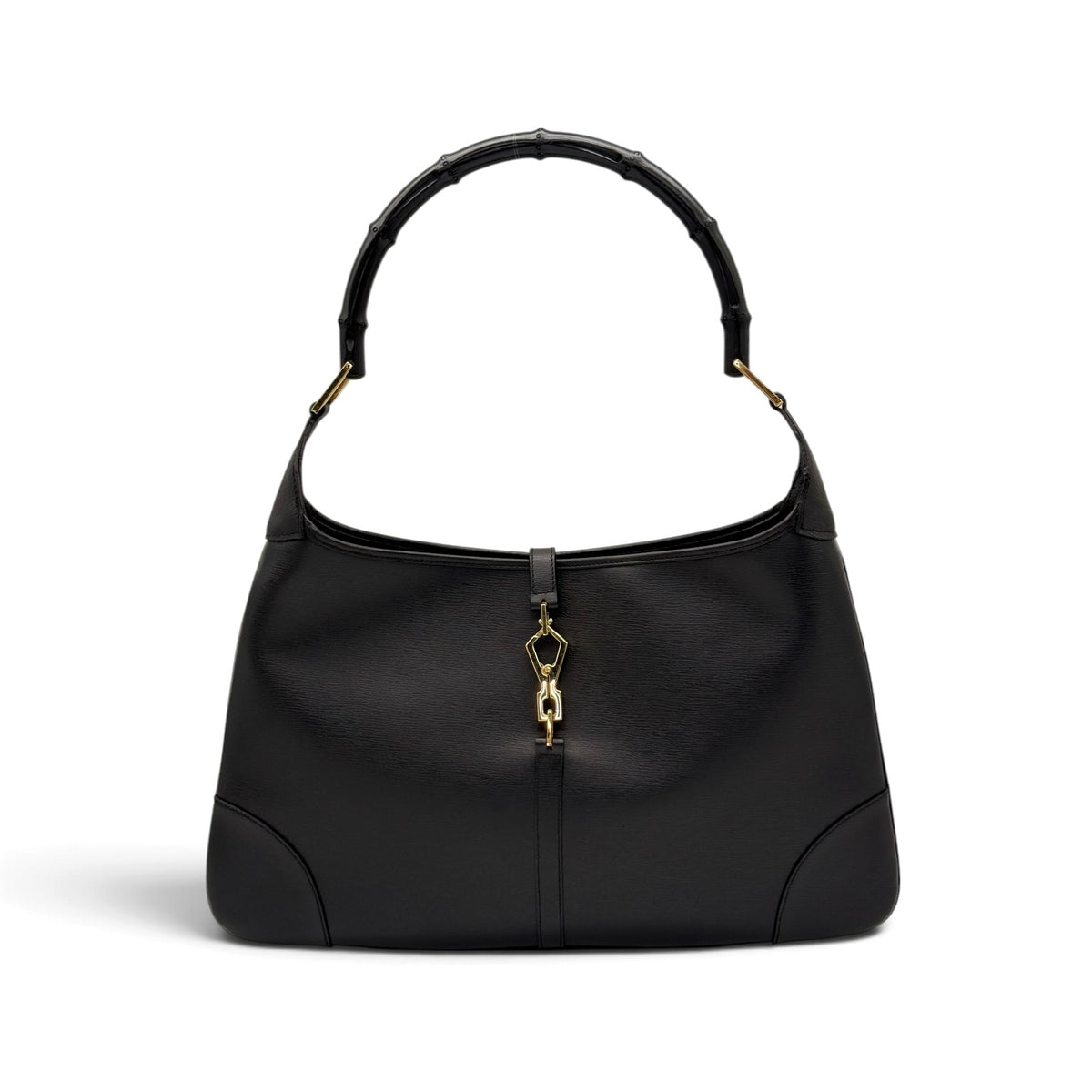 Borsa a spalla Borse Vintage in pelle nera con manico rigido effetto bambù e chiusura frontale dorata