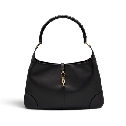 Borsa a spalla Borse Vintage in pelle nera con manico rigido effetto bambù e chiusura frontale dorata