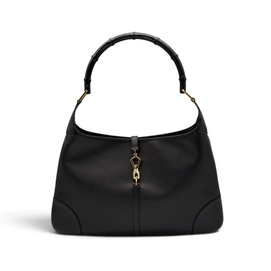 Borsa a spalla Borse Vintage in pelle nera con manico rigido effetto bambù e chiusura frontale dorata