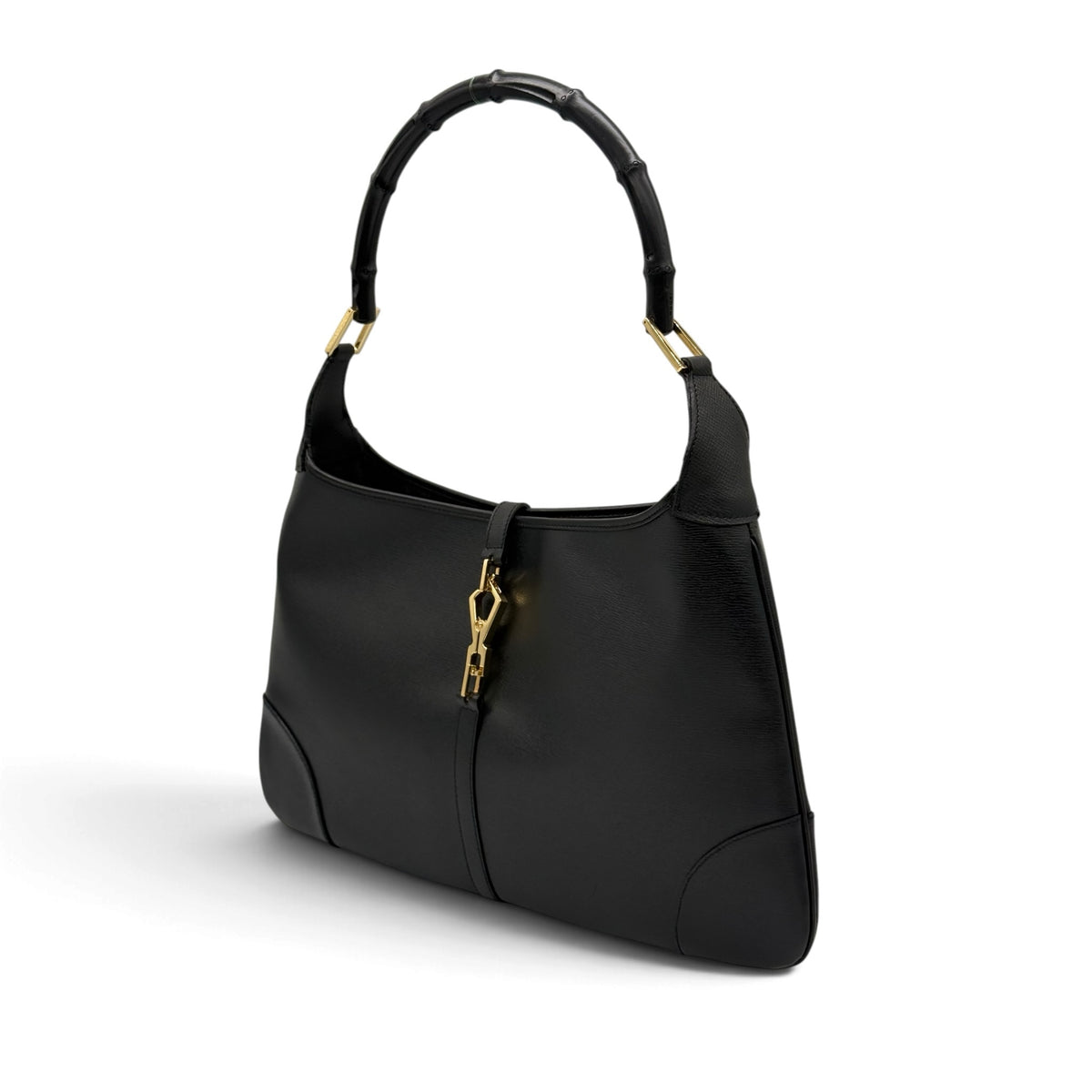 Borsa a spalla Borse Vintage in pelle nera con manico rigido effetto bambù e chiusura metallica dorata