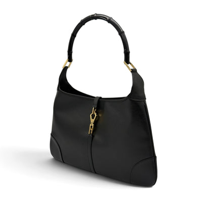 Borsa a spalla Borse Vintage in pelle nera con manico rigido effetto bambù e chiusura metallica dorata