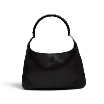 Borsa a spalla Borse Vintage in pelle nera con manico rigido effetto bambù e dettagli metallici dorati