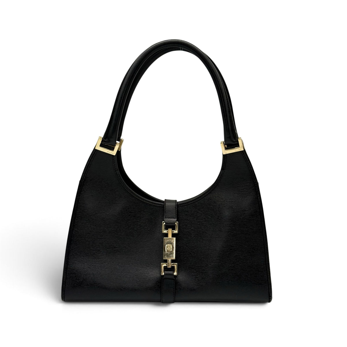 Borsa a spalla Borse Vintage in pelle nera con chiusura frontale in metallo dorato e design strutturato elegante