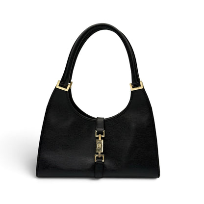 Borsa a spalla Borse Vintage in pelle nera con chiusura frontale in metallo dorato e design strutturato elegante