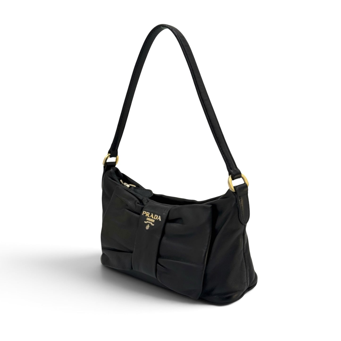 Borsa a spalla Borse Vintage Prada in pelle nera con fiocco frontale e logo in metallo dorato