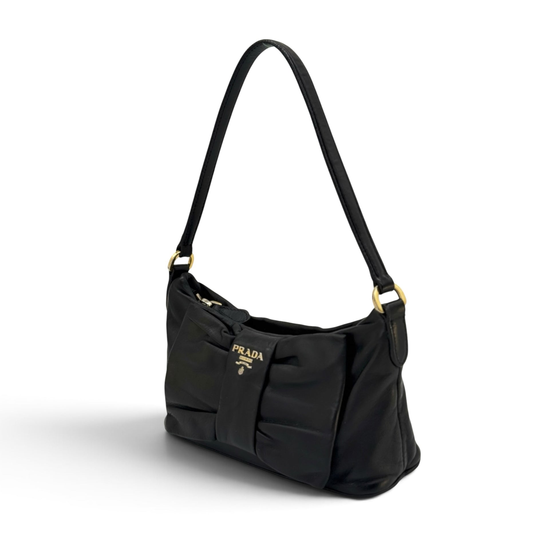 Borsa a spalla Borse Vintage Prada in pelle nera con fiocco frontale e logo in metallo dorato