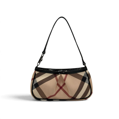 Borsa a spalla Borse Vintage con iconico motivo a quadri beige, nero e rosso e dettagli in vernice nera lucida.
