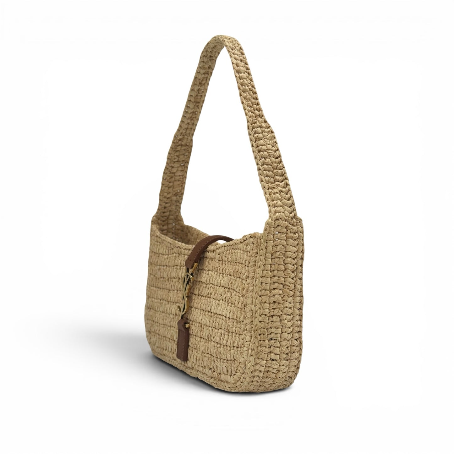 Borsa a spalla Borse Vintage Saint Laurent in rafia intrecciata beige con dettagli in pelle cuoio e logo YSL dorato