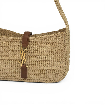 Borsa a spalla Borse Vintage Saint Laurent in rafia intrecciata beige con dettagli in pelle cuoio e logo YSL dorato