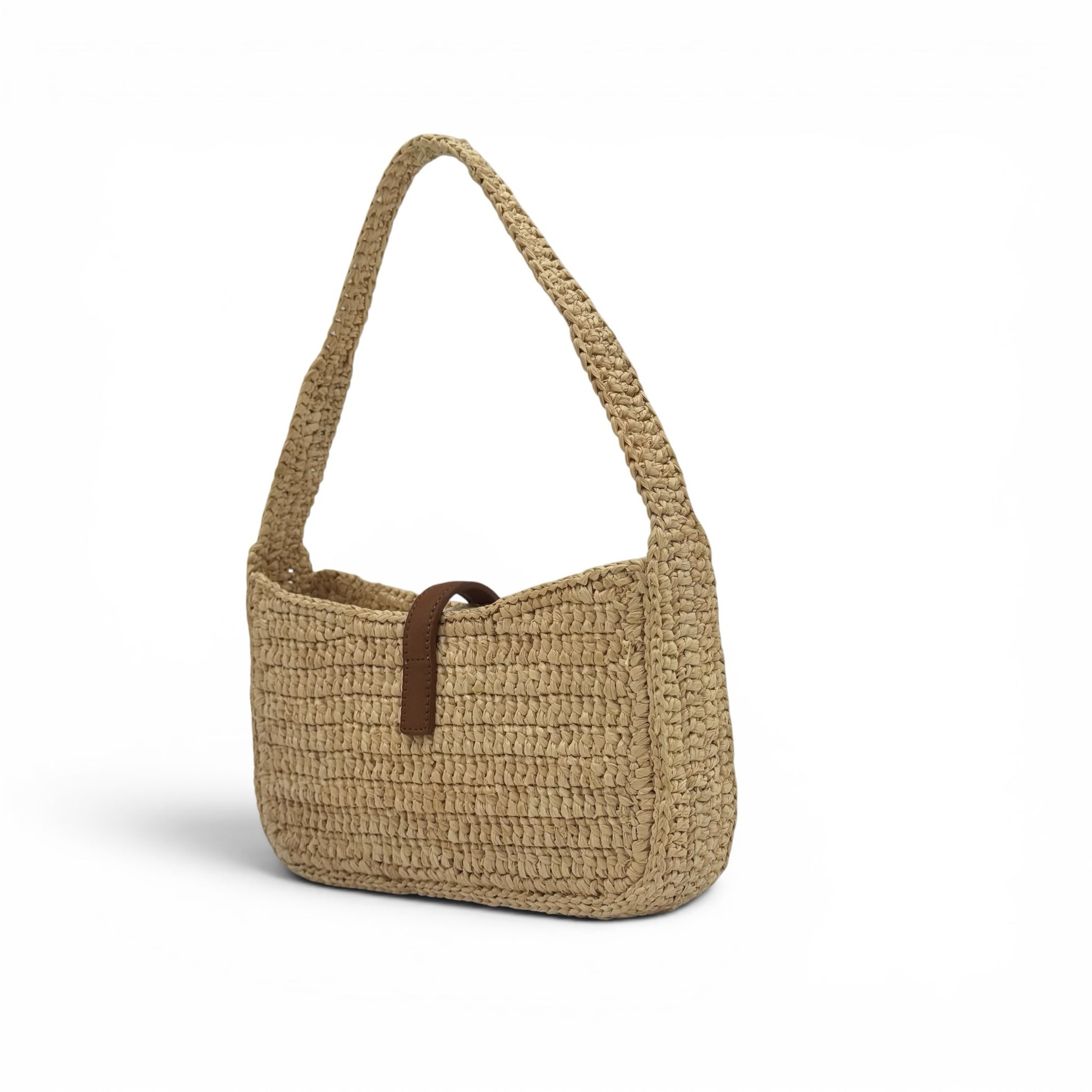 Borsa a spalla Borse Vintage in rafia intrecciata color paglia con dettagli in pelle marrone e design minimalista.